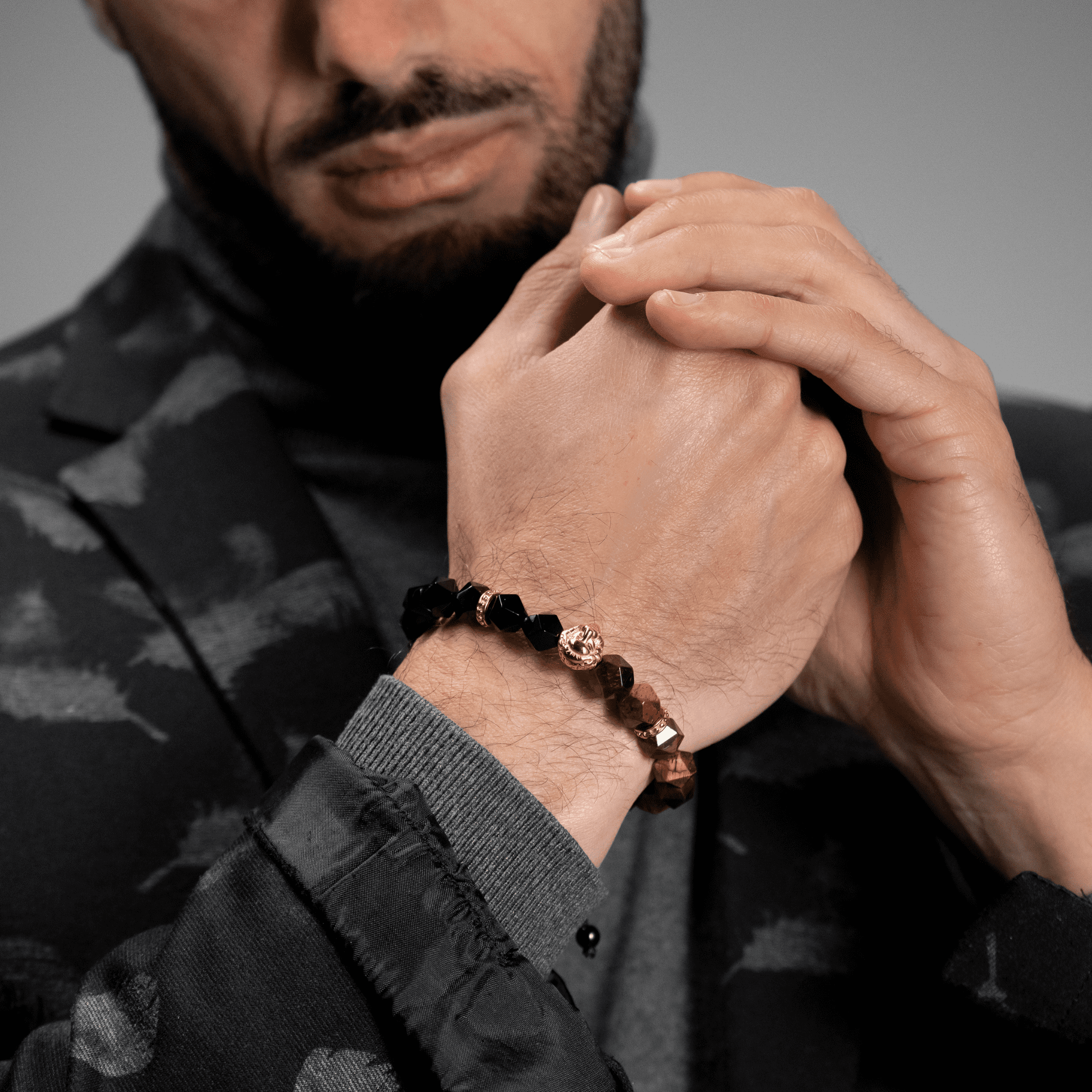 Men's TIGER EYE, ONYX Bracelet with Golden LION Head | Gift for Men | One Size Fits All | 100% Natural | Gemstone Adjustable Bracelet