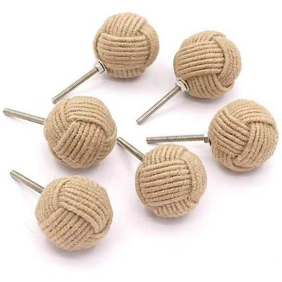 Rii Brand Jute Rope Door Knobs Rustic Decorative Rope Knots Set of 6, 2"