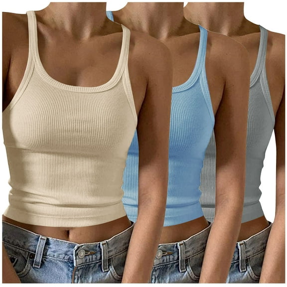 Kovlvoll 3pc Womens Tank Tops Crew Neck Sleeveless Suspenders Camisole Summer Ribbed Solid Color Slim Fitting Tanks