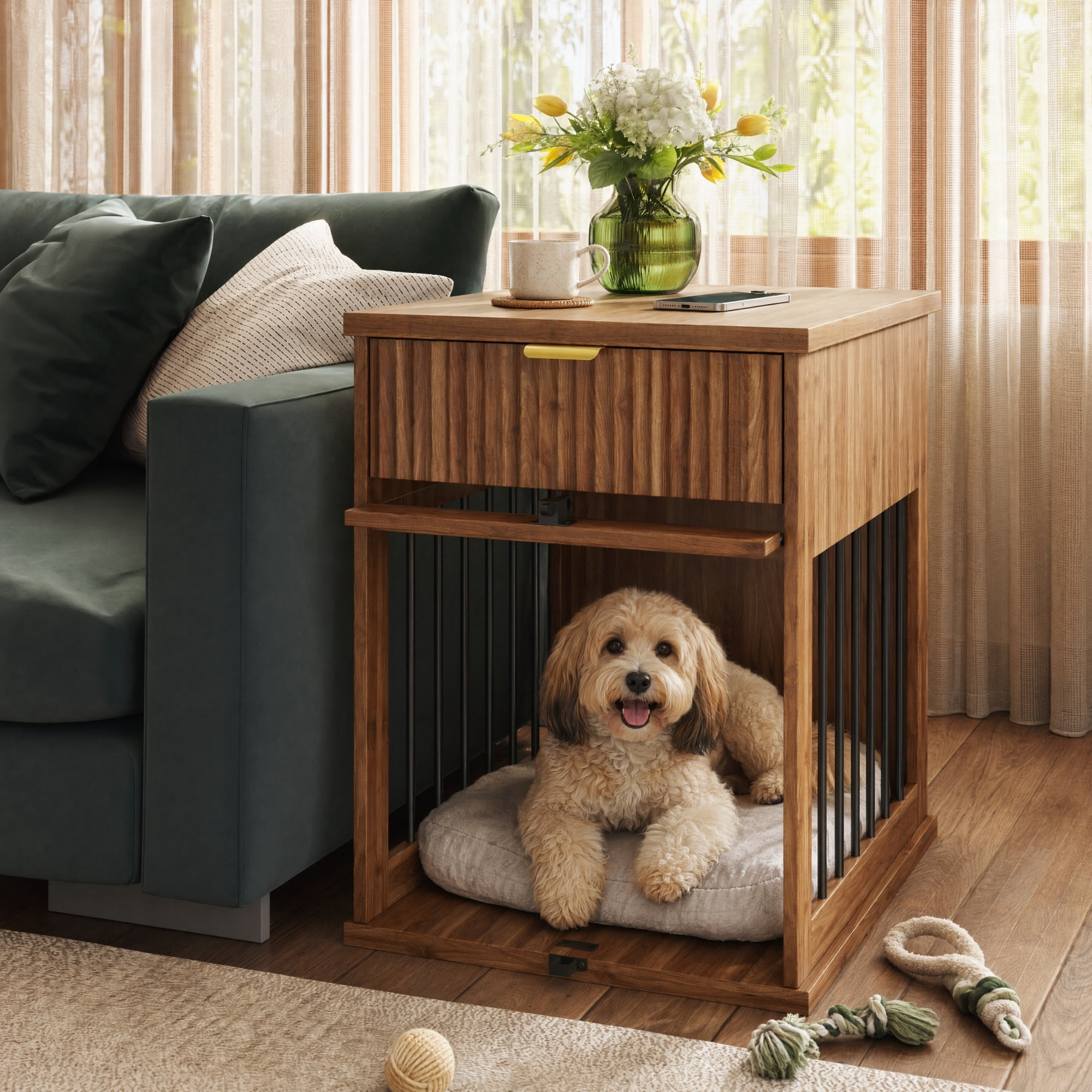 Leumius End Table with Charging Station, Dog Crate with Hideaway Tempered Glass Door, Multi-Functional Pet Station Side Table with Storage Drawer for Small Medium Dog Brown