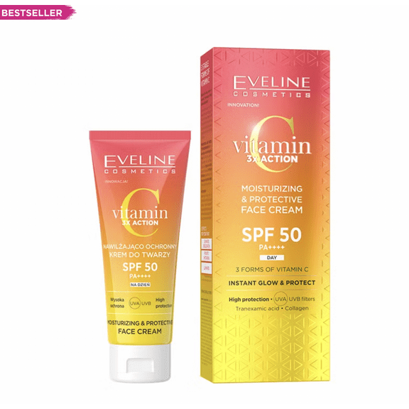 Eveline Cosmetics Vitamin C 3x Action Moisturizing Day Cream SPF 50 – Anti-Aging, Hydrating & Brightening Face Cream – 30ml