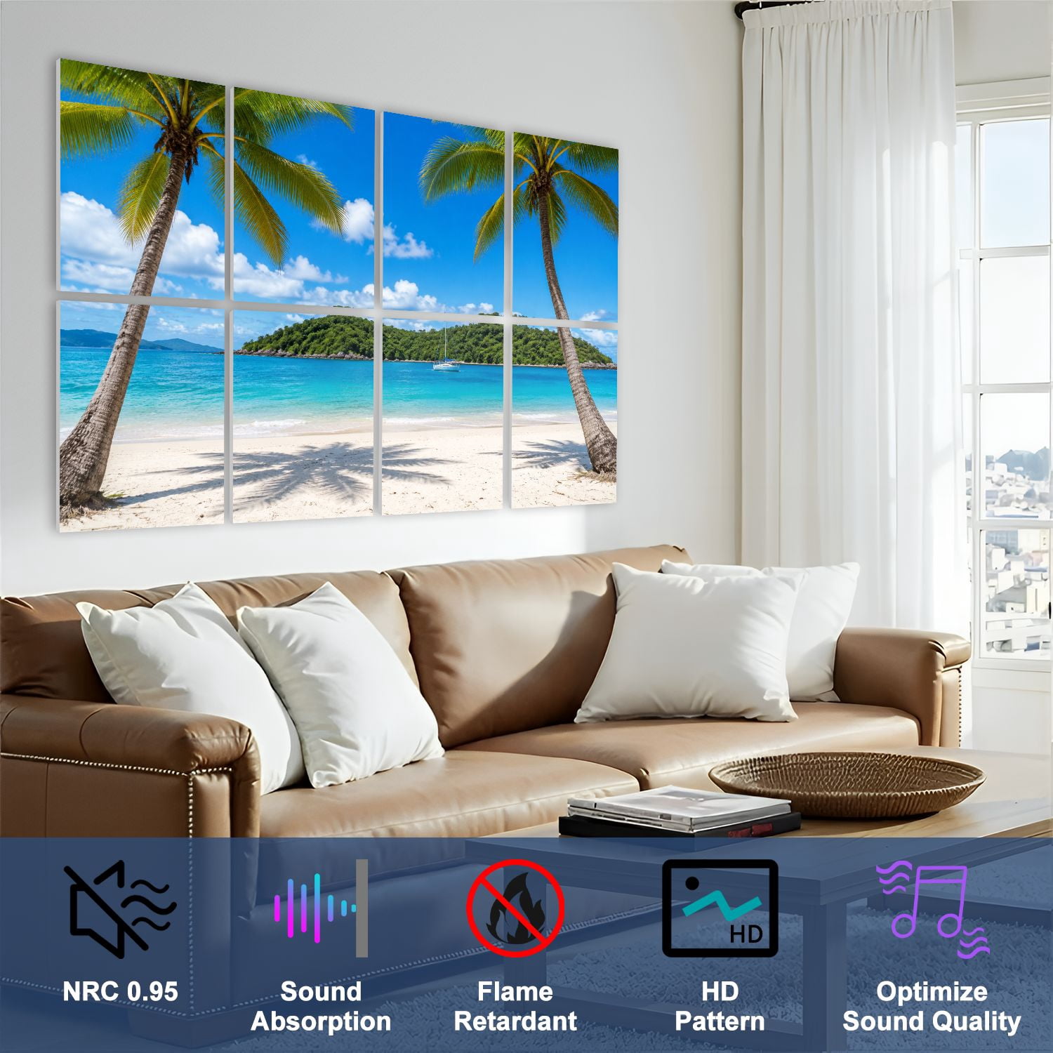 8 Pack Art Acoustic Panels Sound Absorbing Palm trees tropical beach Virgin Islands Decorative Soundproof Wall Panels Self Adhesive for Nursery Game Room Bedroom 48"x32"