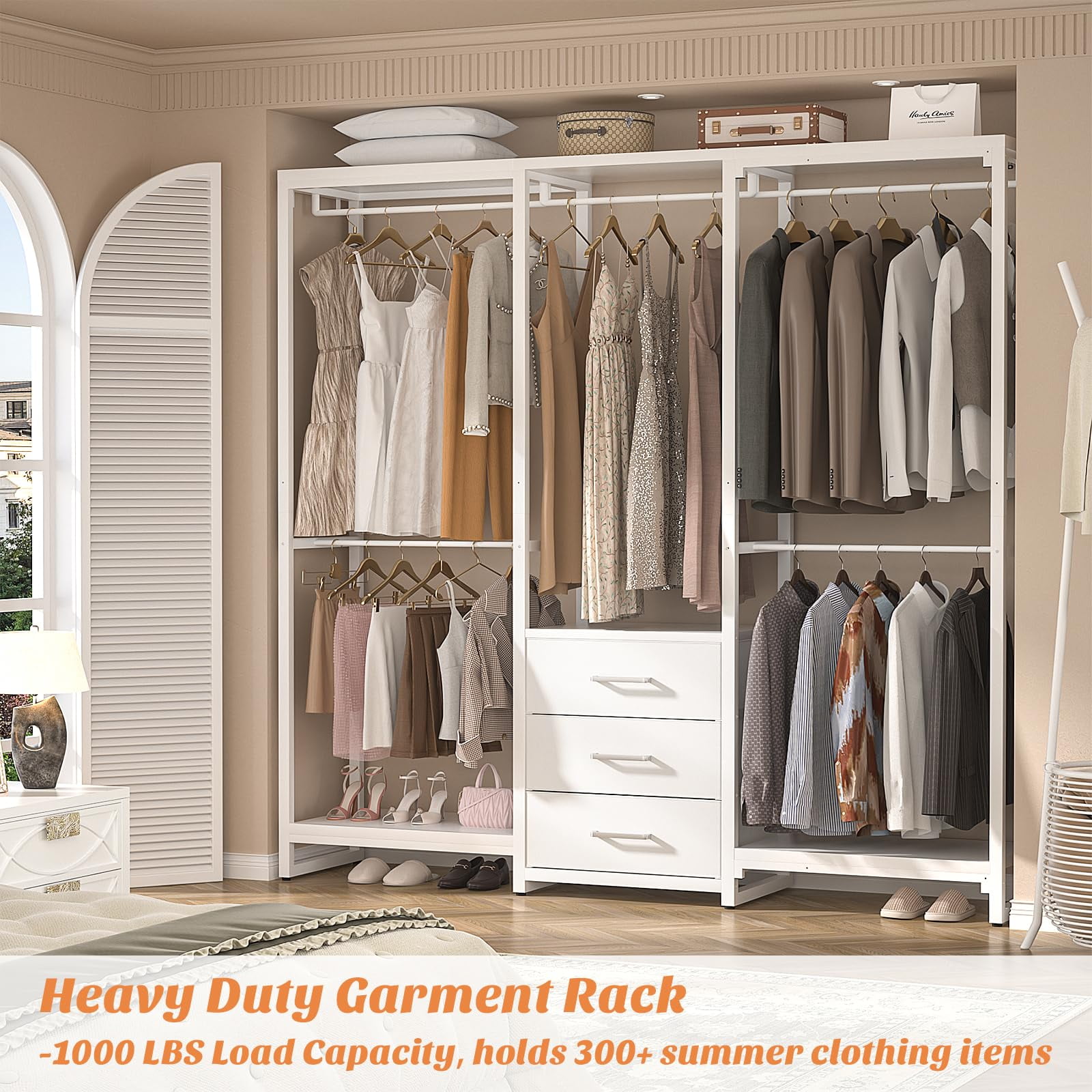 Homieasy Garment Rack Heavy Duty Clothes Rack for Hanging Clothes Wood Clothing Rack with 3 Drawers Freestanding Closet Wardrobe Multi Functional