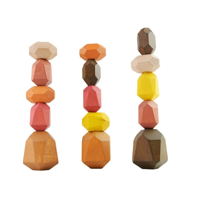 15 PCs Wooden Rocks Sorting Stacking Balancing Stones Educational Preschool Learning Toys Large Small Building Blocks Game Stones Lightweight Puzzle Set for Kids 3 Years Old