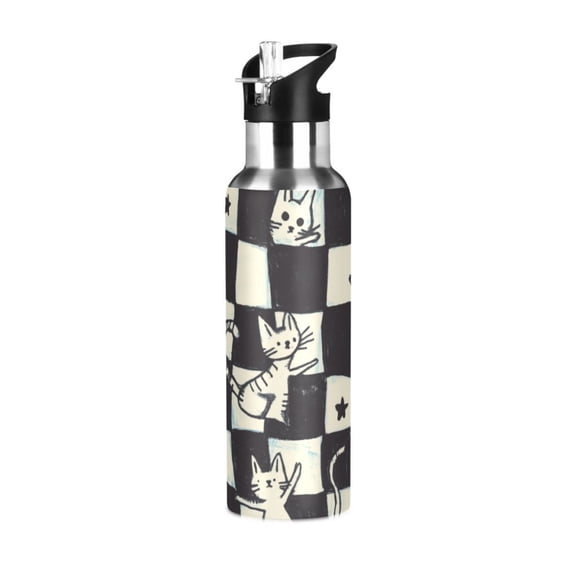Yayeee 20oz Insulated Water Bottle Double Wall Stainless Steel with Flip Straw Lid, Blue and White Cat