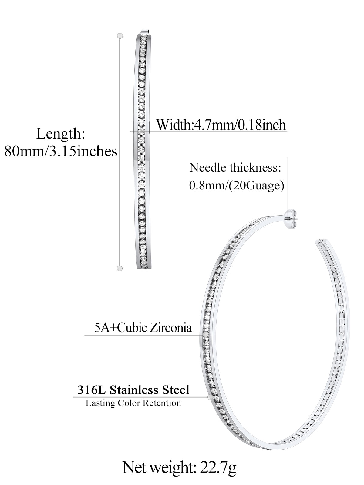 FindChic Silver Hoop Earrings for Women Stainless Steel Hoops with Cubic Zirconia Inlaid Birthday Mothers Day Jewelry Gifts Her Mom Wife, 80mm