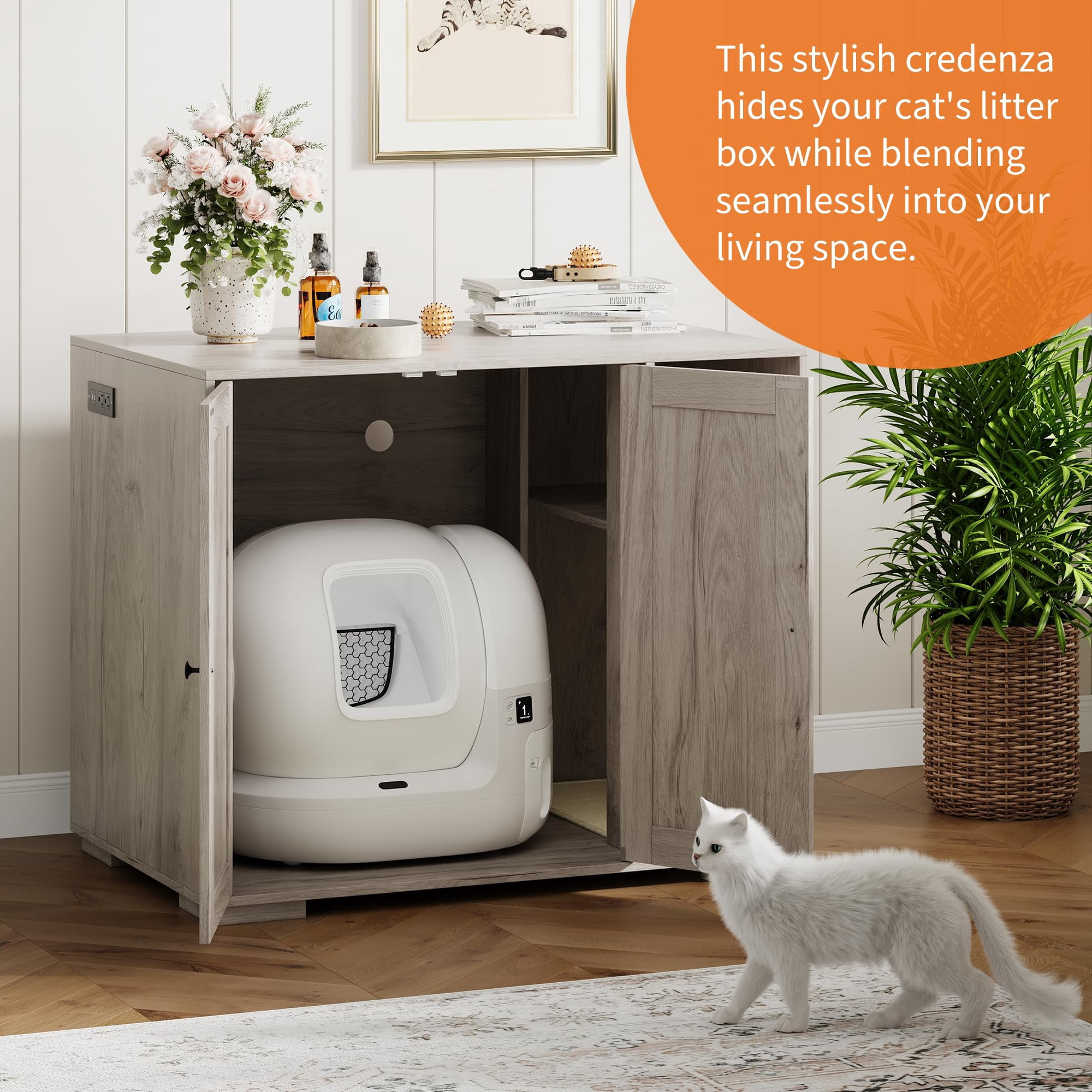 Large Litter Box Enclosure with Litter Collector & Dog-Proof Shelf, Hidden Litter Box Furniture for Self Cleaning Litter Box, Self-Cleaning Litter Boxes Cabinet , Indoor Cat House, Side Table