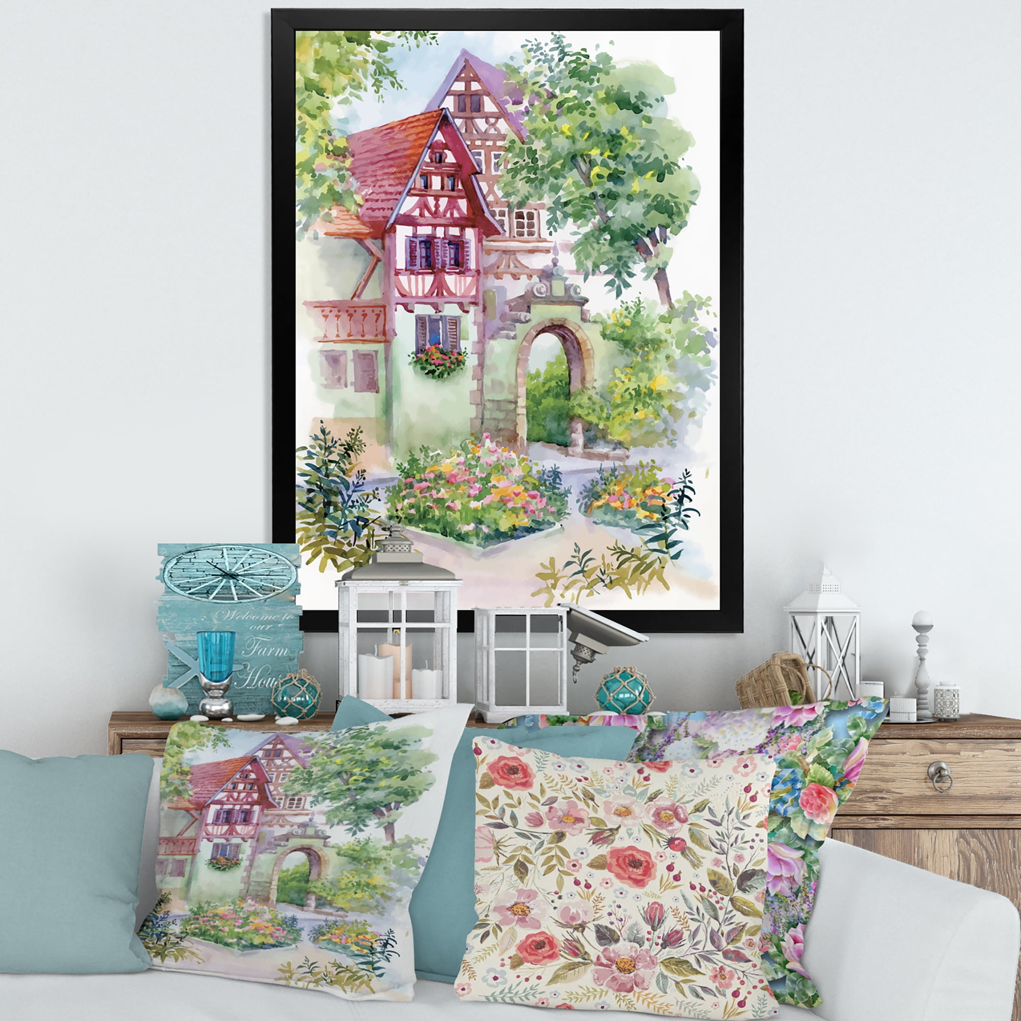 Designart 'Red Rustic House In The Country Side Landscape' Traditional Framed Art Print