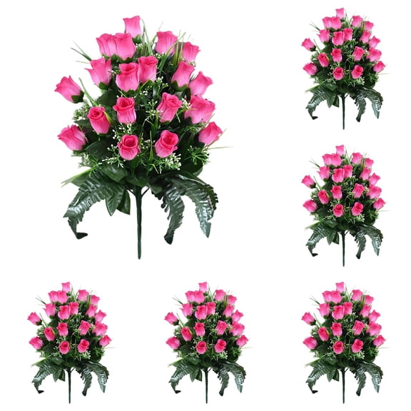 6PCS Artificial Cemetery Flowers - Outdoor Grave Decorations with Rose Bouquets,Saddle Flowers for Headstones - Beautiful Sympathy Arrangements with Vase for Lasting Memorial Decor