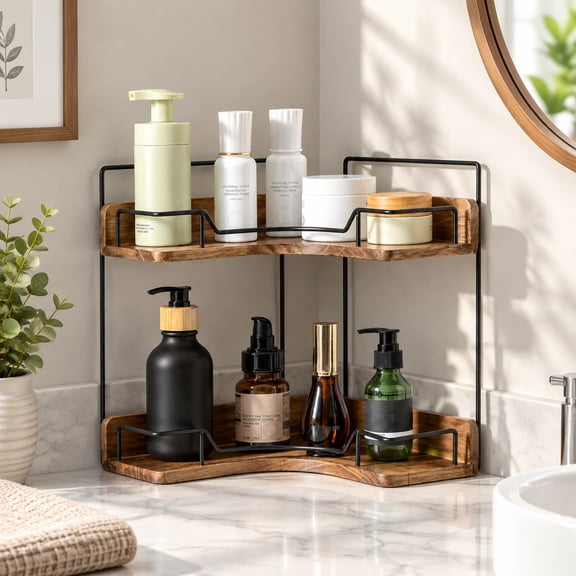 2-Tier Corner Shelf, 1 Piece Wooden Bathroom Organizer for Vanity Countertop Skincare & Makeup, Bathroom Organizers and Storage, Makeup Organizer Countertop, Bathroom Countertop Organizer (Brown)