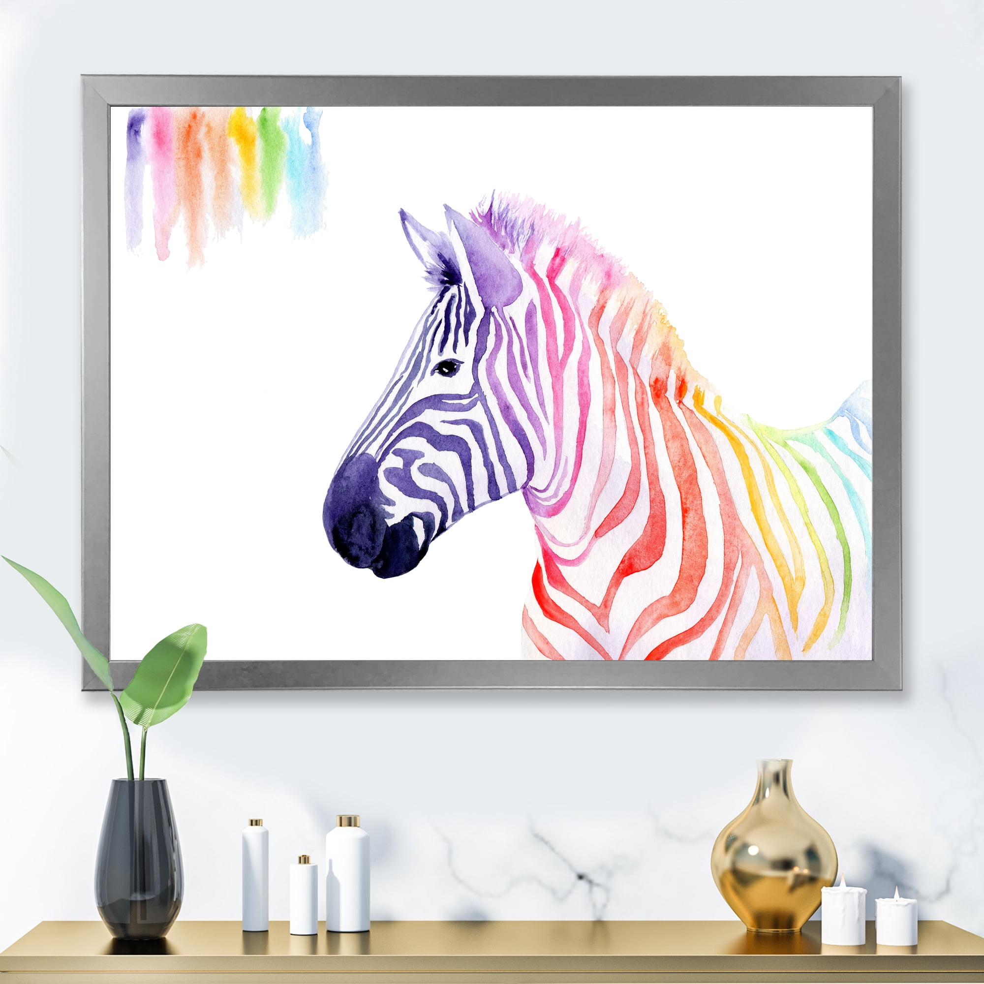 Designart 'Portrait of Rainbow Zebra On White' Farmhouse Framed Art Print