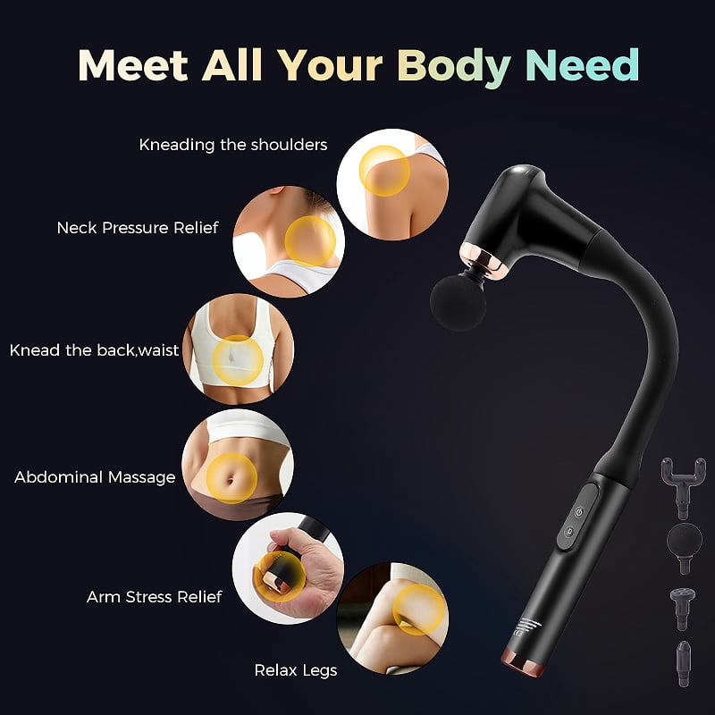 930 Black Bendable Fascia Gun, Deep Tissue Massage Gun with 6 Speeds & 4 Massage Heads, Rechargeable Muscle Massager for Back, Neck, Shoulder, Leg Pain Relief