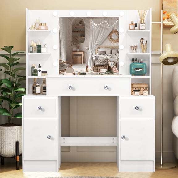 Ciumeeo Bedroom Vanity Table with LED Lighted Mirror, 3 Color Lights Vanity Desk with Drawers and Shelves, White