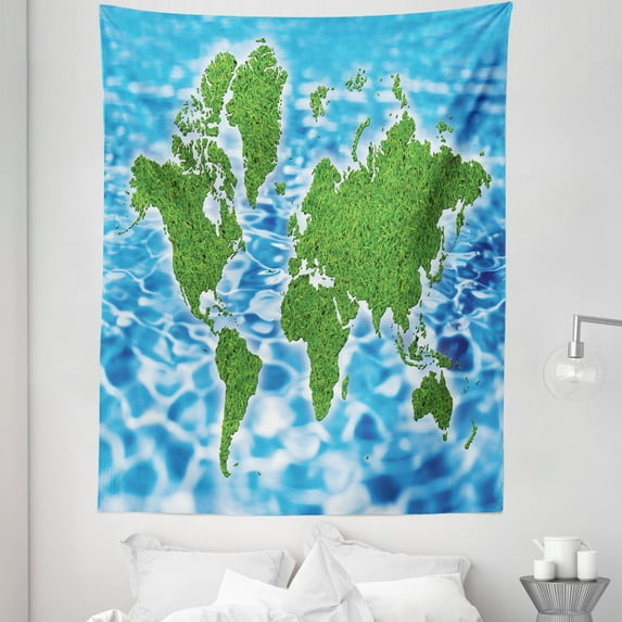 Map Tapestry, World with Grass Style Ornament on Rippling and Blurry Look Water Background, Fabric Wall Hanging Decor for Bedroom Living Room Dorm, 5 Sizes, Sky Blue Fern Green, by Ambesonne