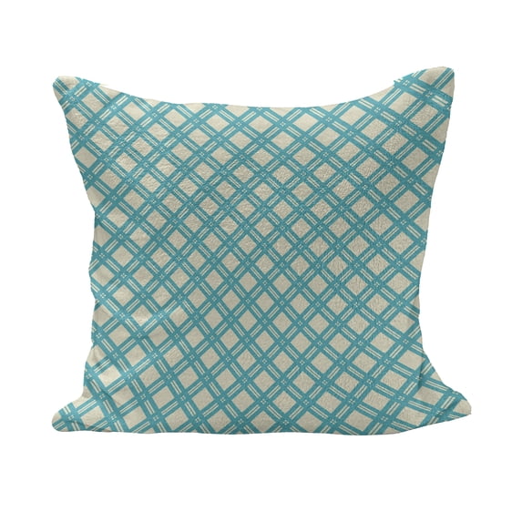 Retro Fluffy Throw Pillow Cushion Cover, Aqua Colored Monochrome Checked Pattern Geometric Diagonal Striped Tile Design, Decorative Square Accent Pillow Case, 26" x 26", Turquoise Ivory, by Ambesonne