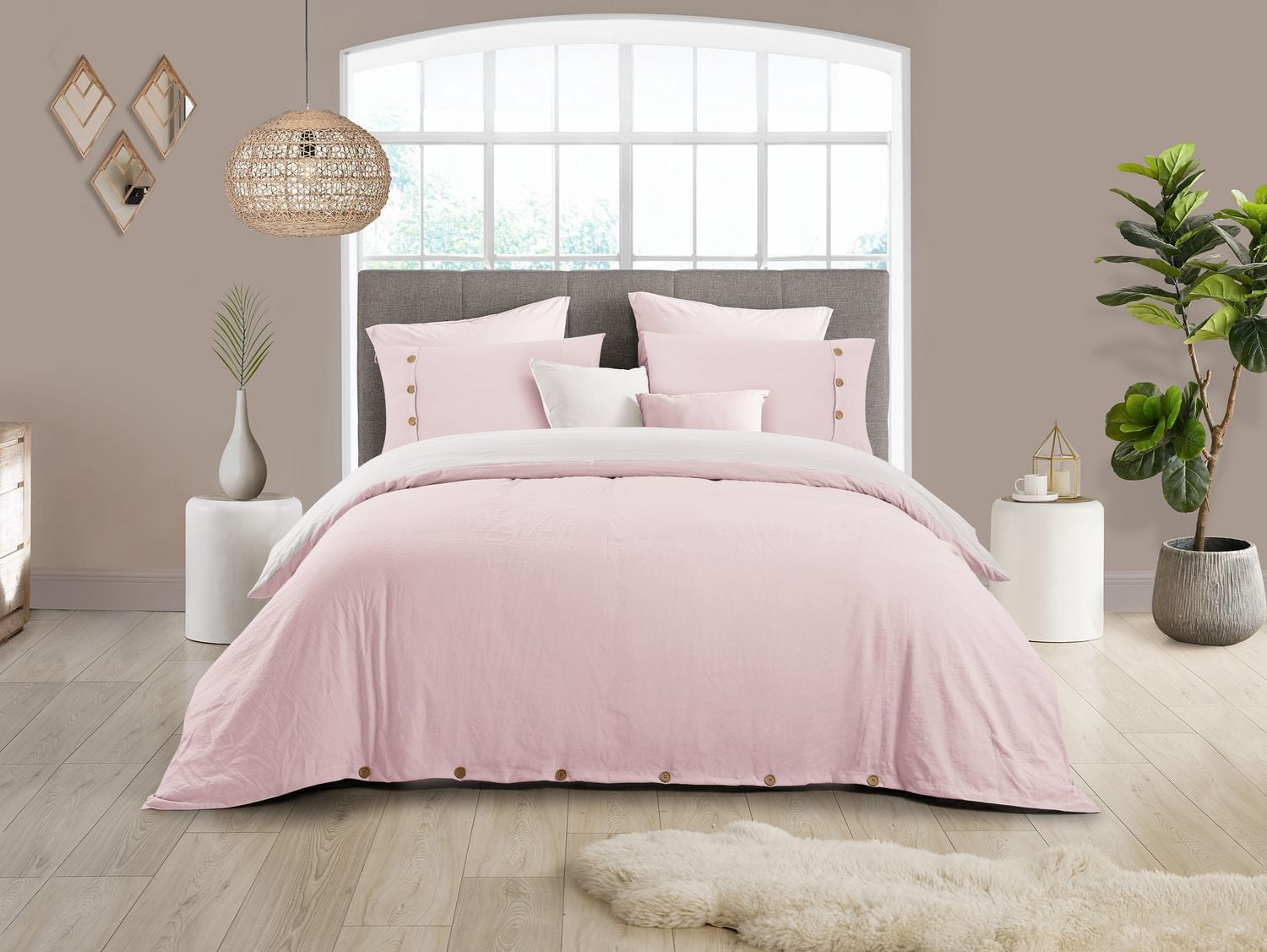 Reversible Natural Crinkle Fabric Ultra Soft Solid Duvet Cover Set - Beautiful Button Closure