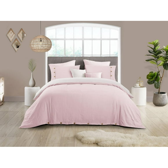 Reversible Natural Crinkle Fabric Ultra Soft Solid Duvet Cover Set - Beautiful Button Closure