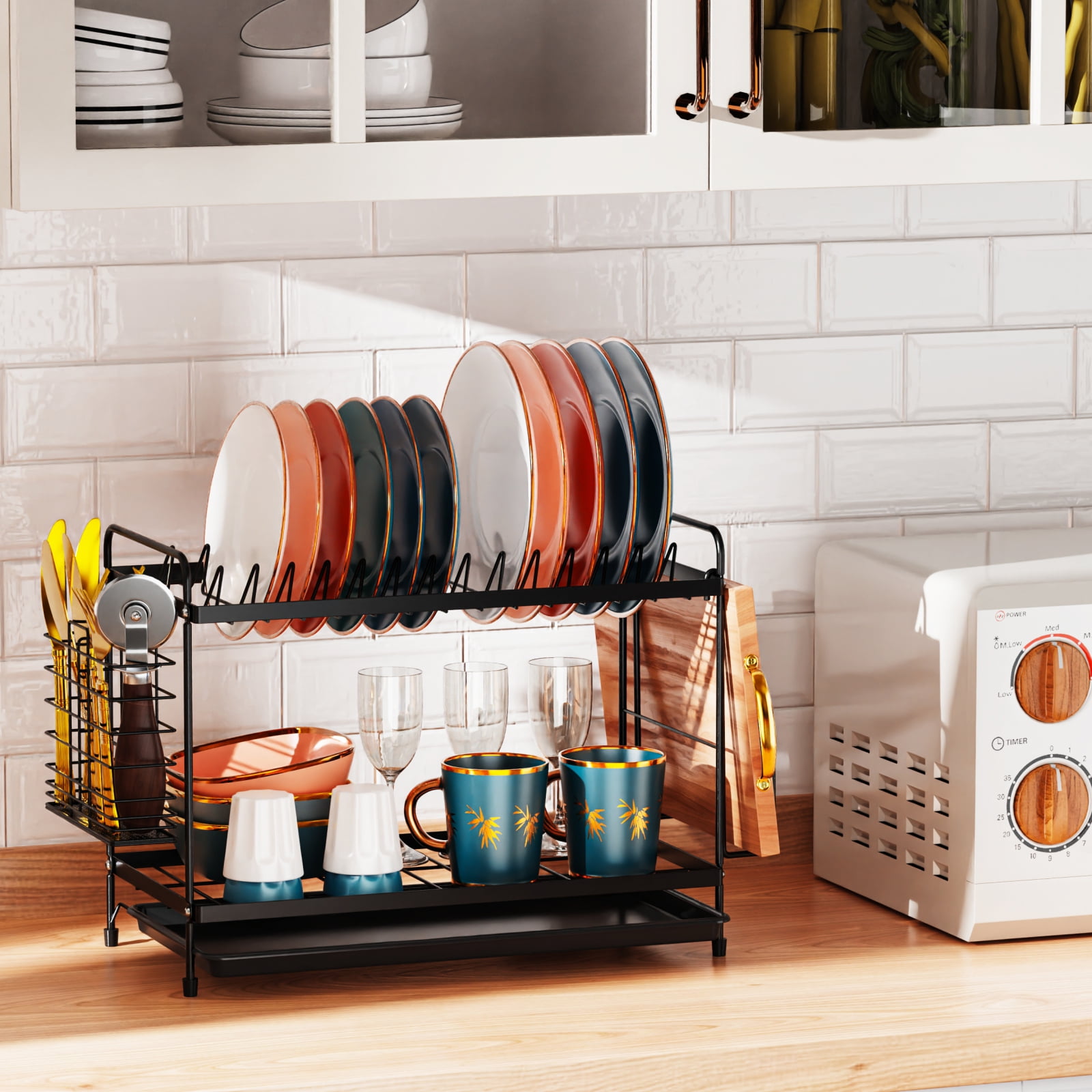 iSPECLE 2 Tier Dish Racks Dish Drainers with Water Tray Cutlery Holder for Small Kitchen Households Black, 18.90 x 8.27 x 11.81 Inches