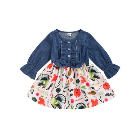 

NZRVAWS Baby Girls Dress 12 Months Girls Splice 18 Months Girls Turkey Print Floral Print Dress For Thanksgiving Day 1PCS Dress Blue