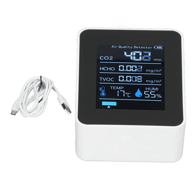 Monitor de calidad del aire 5 en 1 con aplicación Bluetooth, detector de dióxido de carbono, carga USB, TVOC, temperatura, humedad, HCHO y CO2.