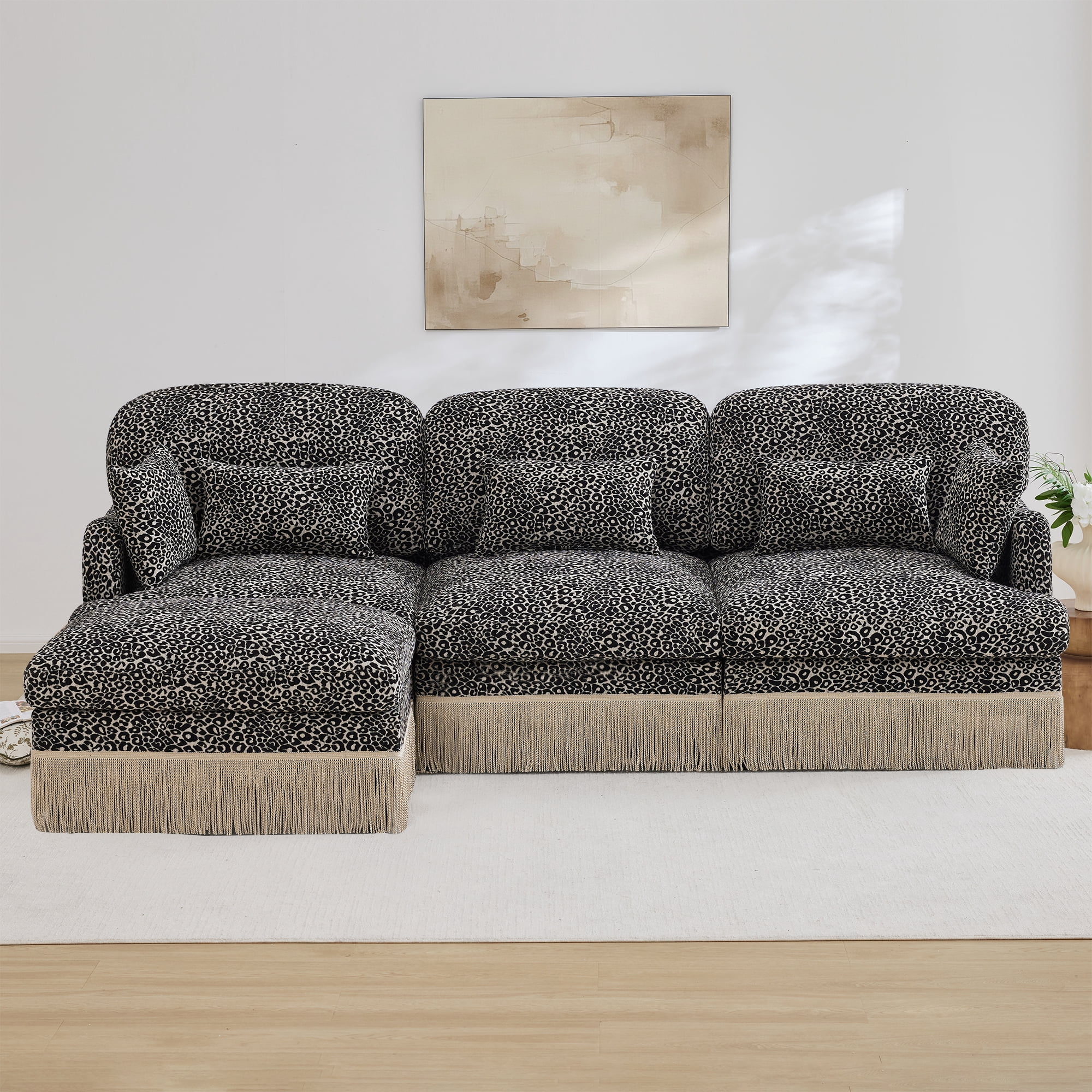 100" Chenille Leopard Tassel Deep Seat L Shape 3 Seater Modular Sofa Couch with 5 Throw Pillows and Ottoman