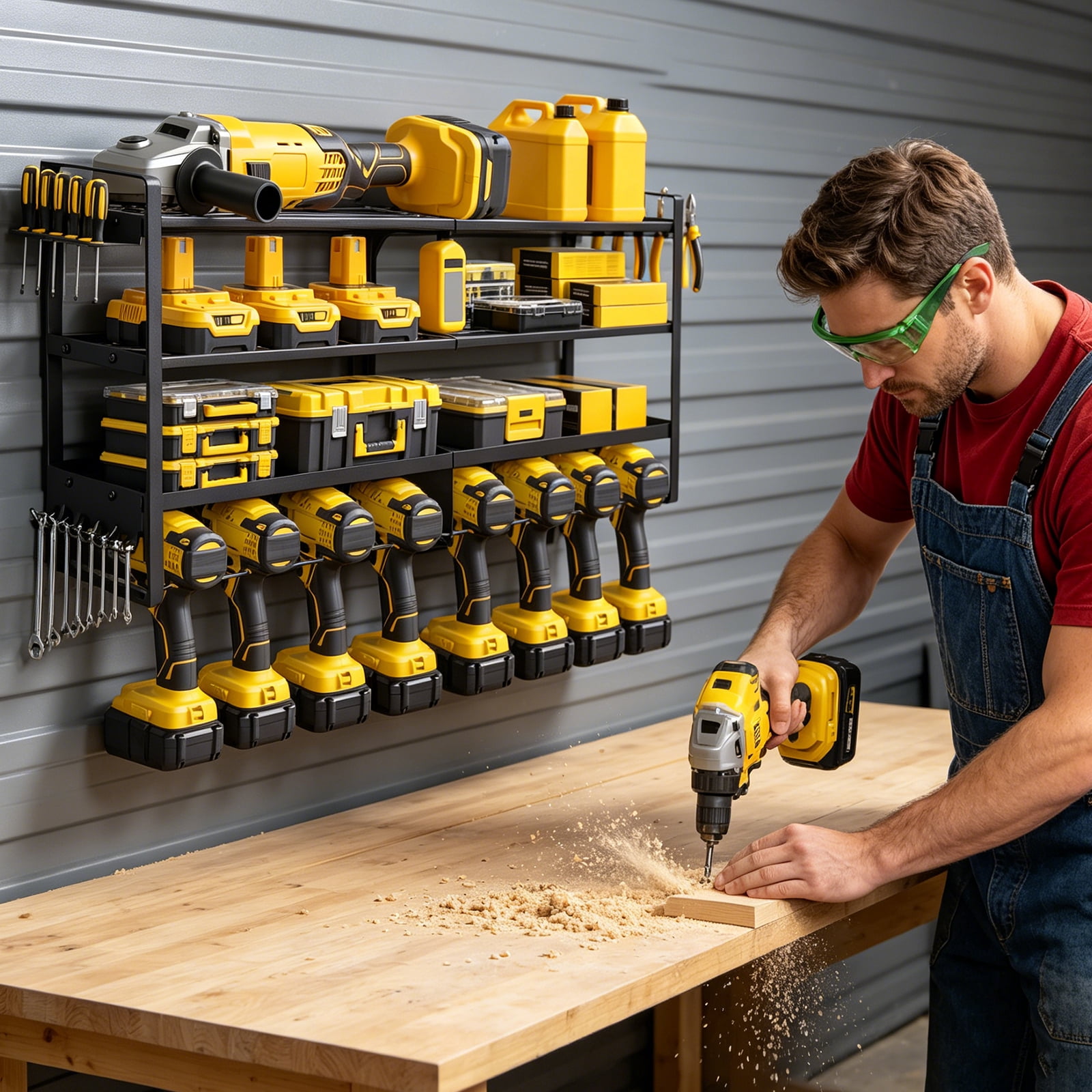 WLLJOY Power Tool Organizer Wall Mount, 4 Layer Heavy Duty Loads 400 lbs, with 8 Drill Holder, Large Tool Storage Rack for Workshop/Utility Room