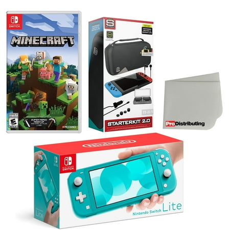 Nintendo Switch Lite Console Turquoise with Minecraft, Accessory Starter Kit and Screen Cleaning Cloth Bundle - Import with US Plug