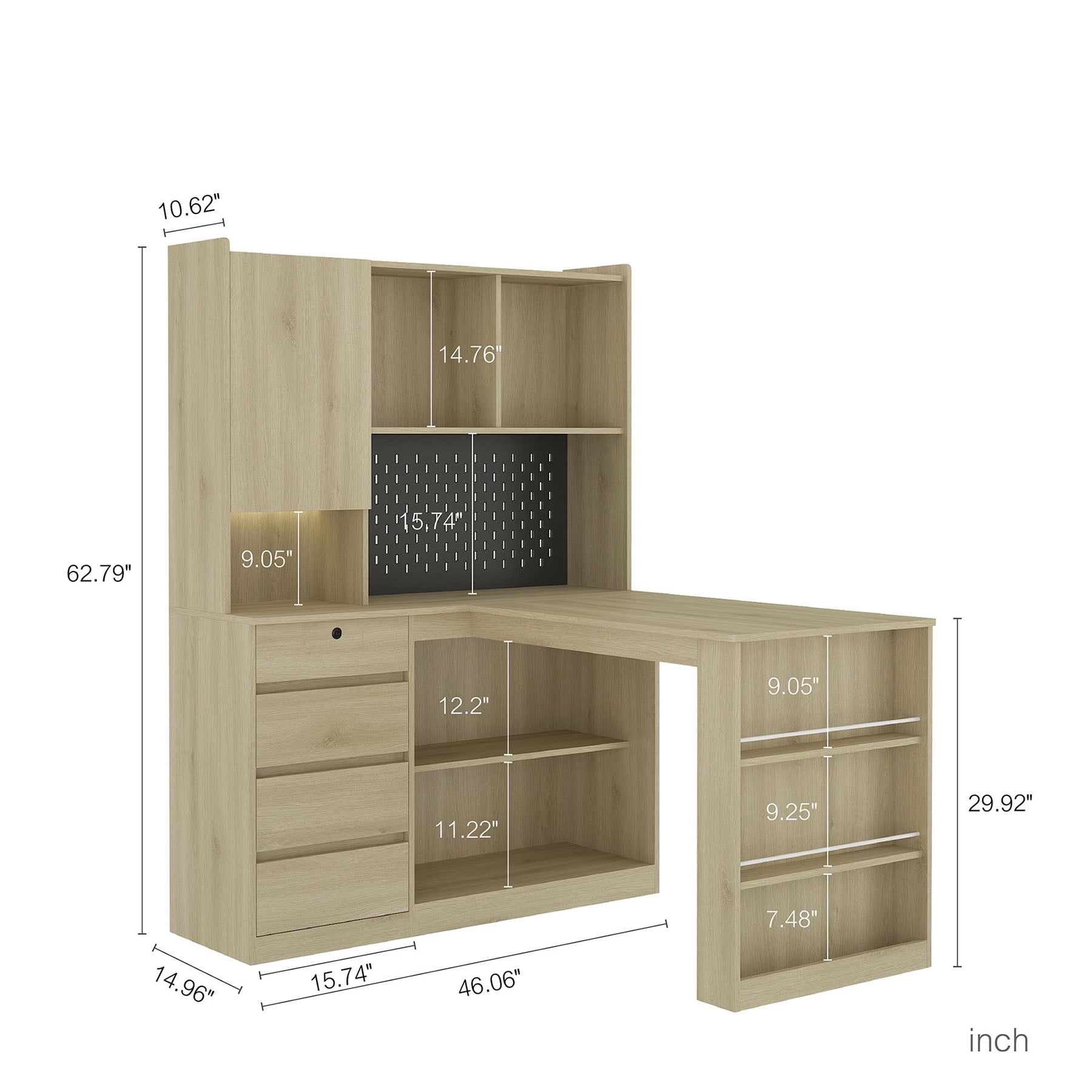 S-HOME L Shaped Desk With Charger And LED Light,  Home Office Desk With Drawers And Bookshelf, Corner Gaming Desk