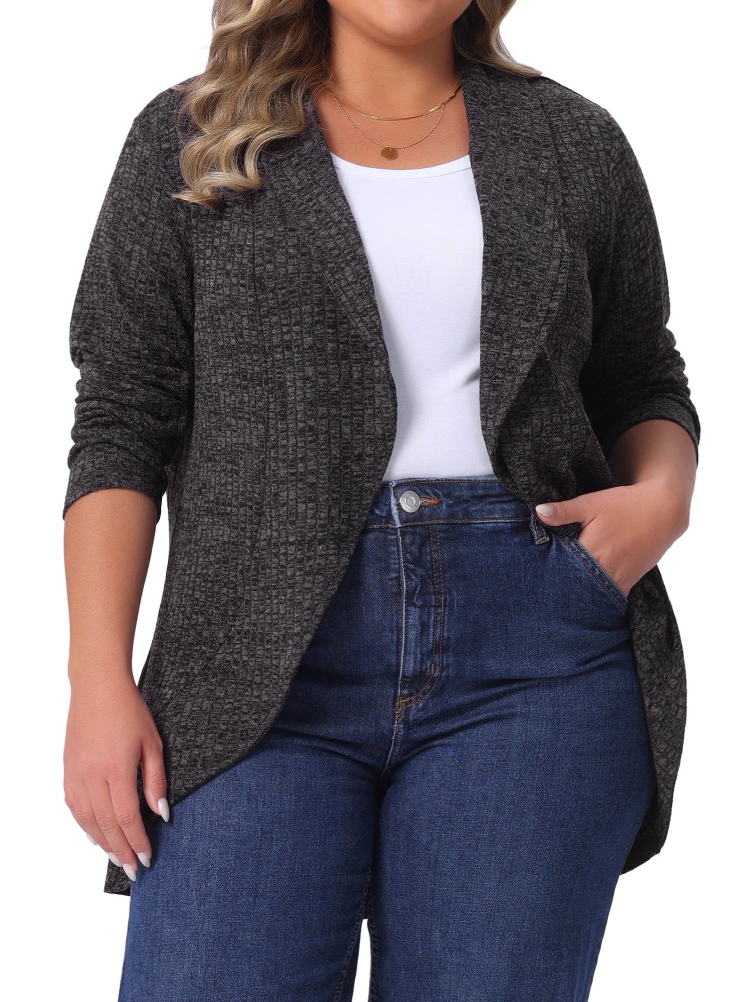 DARING DIVA Women's Plus Size Lapel Open Front Irregular Hem Knit Cardigan 2X Dark Gray