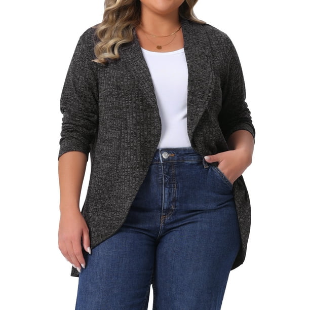 Cárdigan de punto para mujer de tallas grandes Agnes Orinda, con solapa, de manga larga, abierto por delante, con dobladillo irregular, suéter casual suave 2X gris oscuro