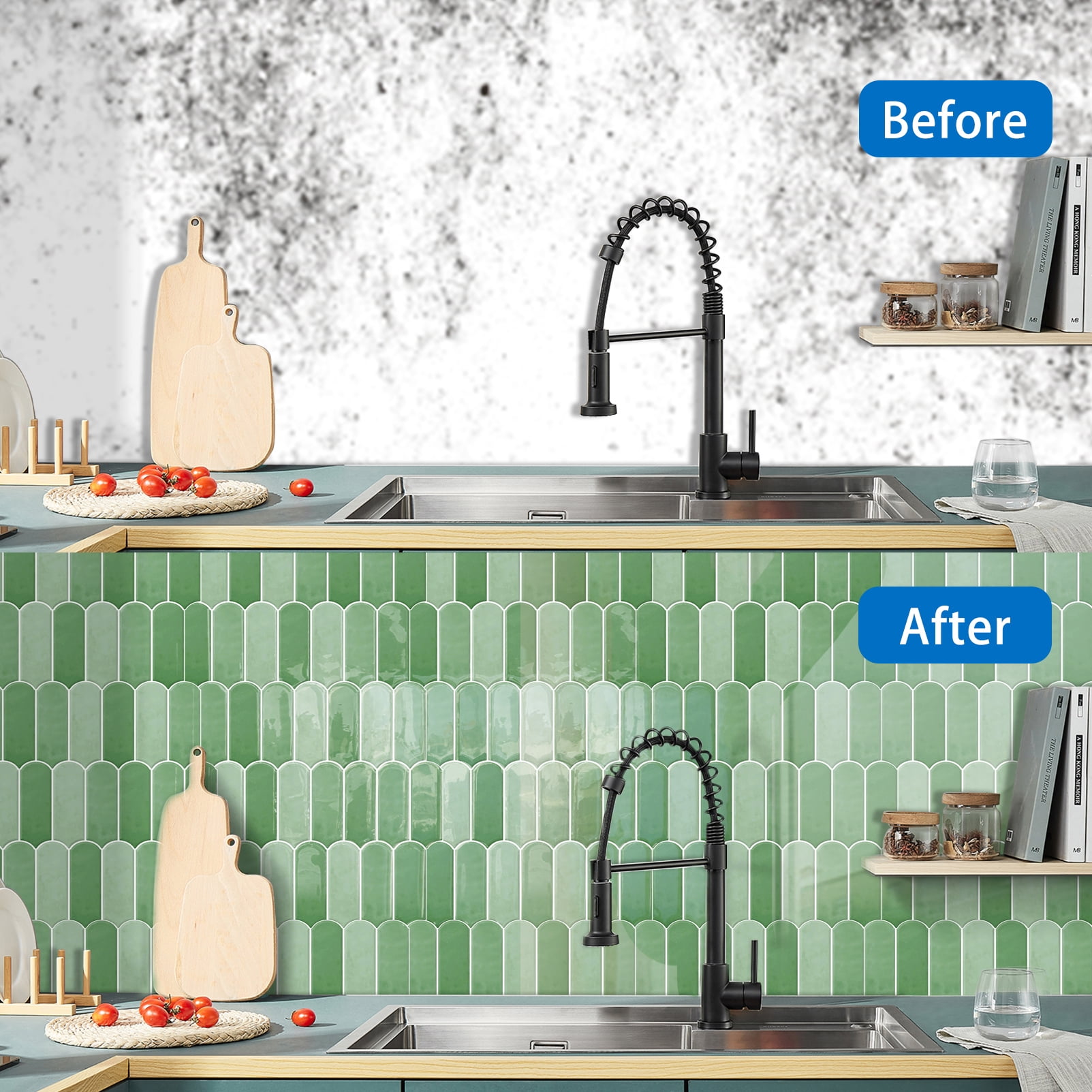 DEWOO 10-Sheet Upgraded Thicker Peel and Stick Kitchen Backsplash Tiles,Waterproof Self-Adhesive Vinyl Wall Tile Fish Scale Mosaic Design,for Bathroom,Fireplace and RV(Light Green,12"×12")