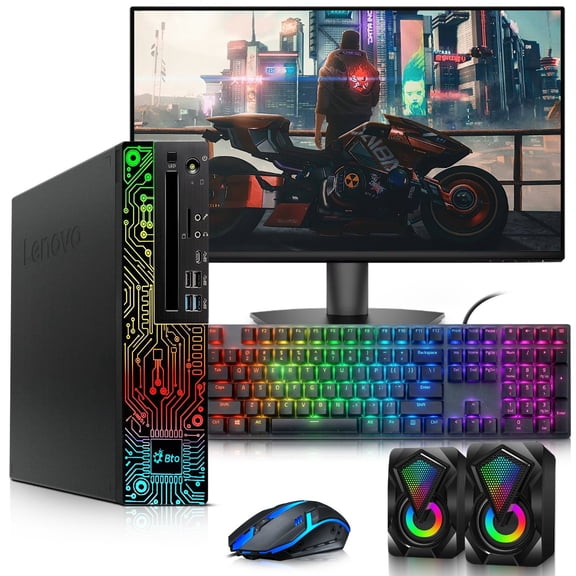 Restored Lenovo RGB Desktop PC SFF Intel Core i5-8500 16GB DDR4 RAM 256GB SSD 500GB HDD GeForce GTX 1050 Ti 24" Monitor RGB KB&M RGB Speakers WiFi Gaming Computer Windows 11 Pro (Refurbished)