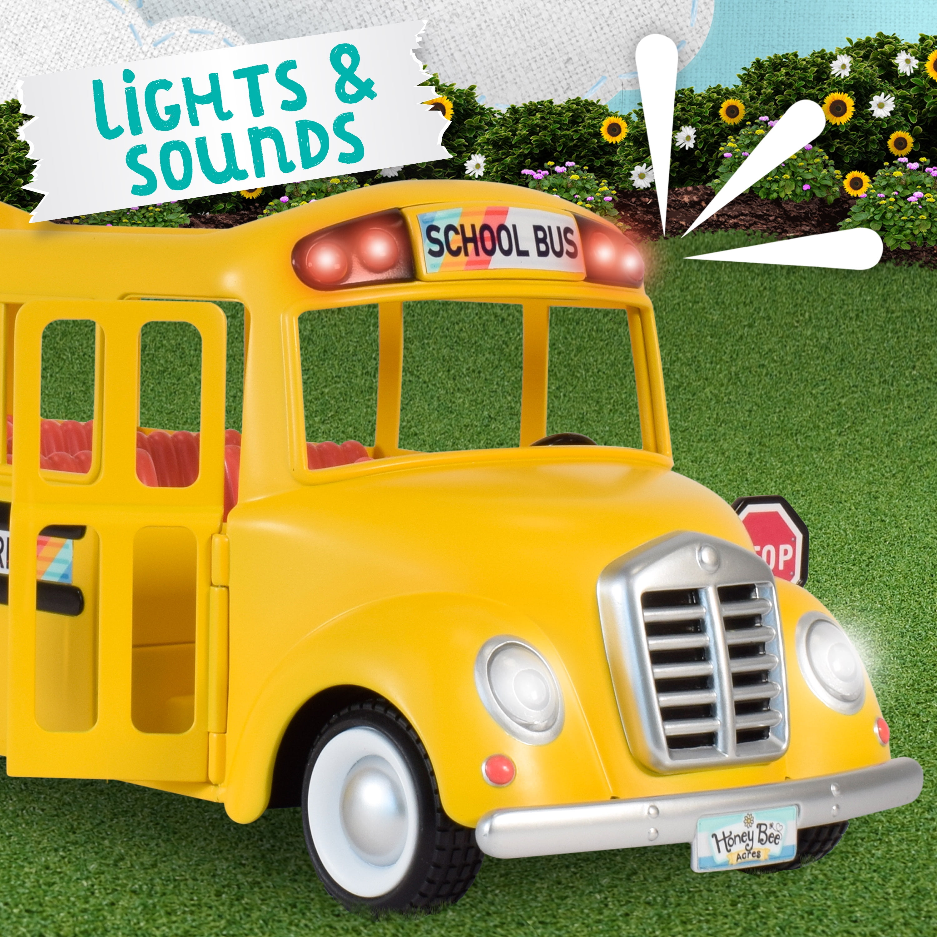 Honey Bee Acres Sunshine School Bus – Vehicle Toy with Lights & Sounds, Opening Doors, and Mouse Figure – Pretend Play Dolls for Kids Ages 3+