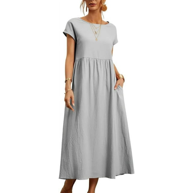 Robe de Plage Décontractée à Manches Courtes en Coton et Lin pour Femmes avec Poches