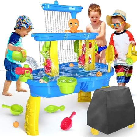 VATOS 3 Tier Sand Water Table with Table Cover, Kids Splash Sand Table Water Toys for Aged 3 4 5 6 7 8 9, Summer Water Activity Table Beach Backyard Garden Outdoor Toy for Toddler Kids