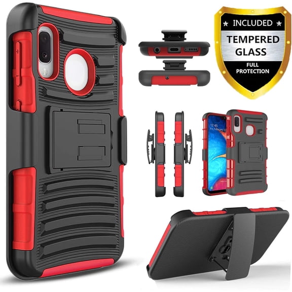 Samsung Galaxy A01 Case, Dual Layers [Combo Holster] And Built-in Kickstand Bundled with [Temerped Glass Screen Protector] Hybird Shockproof (Red)