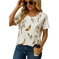 thumbnail image 2 of SOMER Women's Feather Print Blouse Casual Short Sleeve Crewneck Loose Fit Summer Tops for Vacation and Going Out, White, 2 of 7