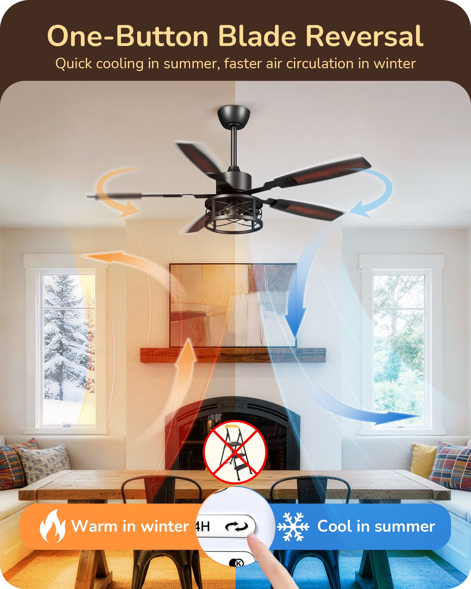 EDISHINE 52" Farmhouse Ceiling Fan with Light and Remote Control, Brown, 5 Wood Blades, Rustic Farmhouse Ceiling Fan with Light for Living Room, Bedroom, Wet Rated
