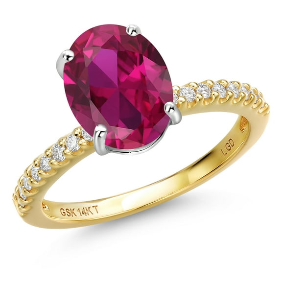 Gem Stone King 14K Two Tone Gold Red Created Ruby and Lab Grown Diamond Engagement Ring for Women | 3.16 Cttw | Oval 10X8MM | Gemstone July Birthstone | Size 9