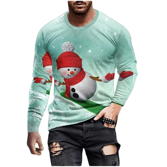 Clearance under 10.00 LYXSSBYX Christmas Shirts for Men Clearance Men Casual Round Neck Long Sleeve Pullover Snowman Printed T-Shirt