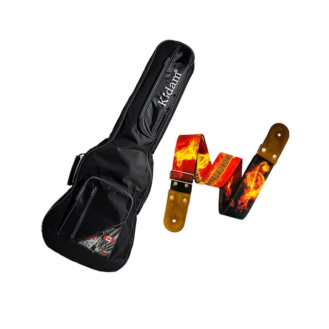 PAQUETE Estuche para guitarra eléctrica Funda para guitarra Gig bag, guitar case para trasporte y protección, color negro bordes grises + Tahali strap correa Kidam GUITAR FIRE