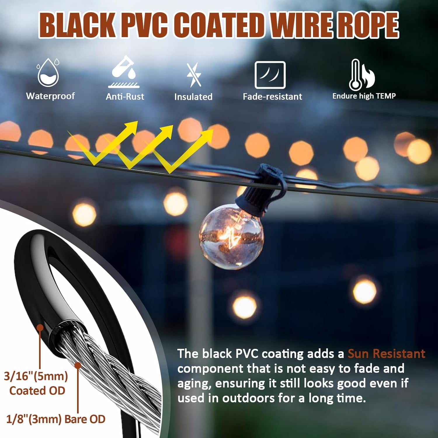 TooTaci String Light Hanging Kit, 164FT PVC Coated Steel Cable, Stainless Steel Wire for Indoor Outdoor String Lights, Patio Lights, Camping Light