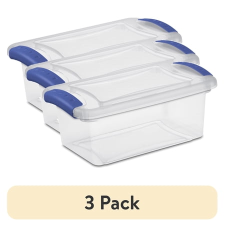 (3 pack) Sterilite 7 Quart Small Latching Storage Bin, Clear Plastic Storage Container with Latch Lid, Blue