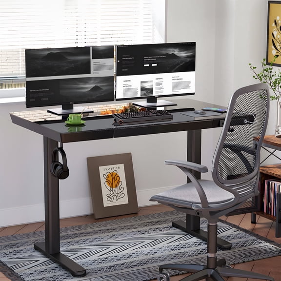 INNOVAR 48" Glass Top Standing Desk with 1 Drawer,Home Office Electric Sit to Stand up Tempered Glass Desk, Adjustable Height Rising Black Computer Work Desk with Power Outlet and USB Ports