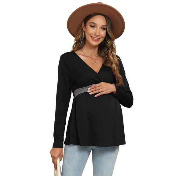 Yesfashion Womens Maternity Shirts Long Sleeve Pregnancy Tops Casual V Neck Knit Pregnant Blouses