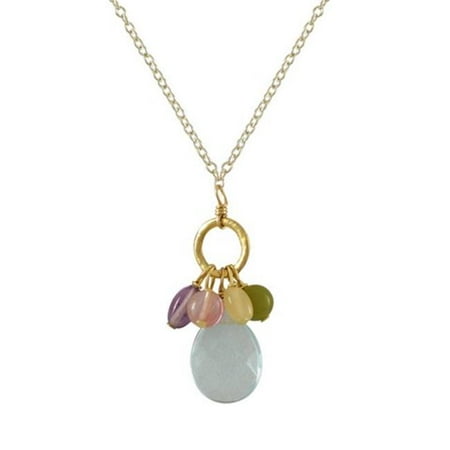 Gemstone Donuts - Aqua Semi Precious Stones with Gold Tone Brass Donut Ring Necklace, 16 in.