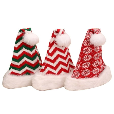 

3pcs Decorative Plush Santa Hat Adult Knitted Wool Ball Striped Snowflake Christmas Hat Set for Women Men Adults (Assorted Color)