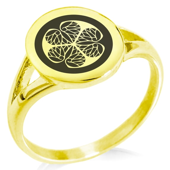 Stainless Steel Tokugawa Samurai Crest Minimalist Oval Top Polished Statement Signet Ring