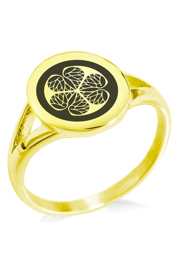 Stainless Steel Tokugawa Samurai Crest Minimalist Oval Top Polished Statement Signet Ring
