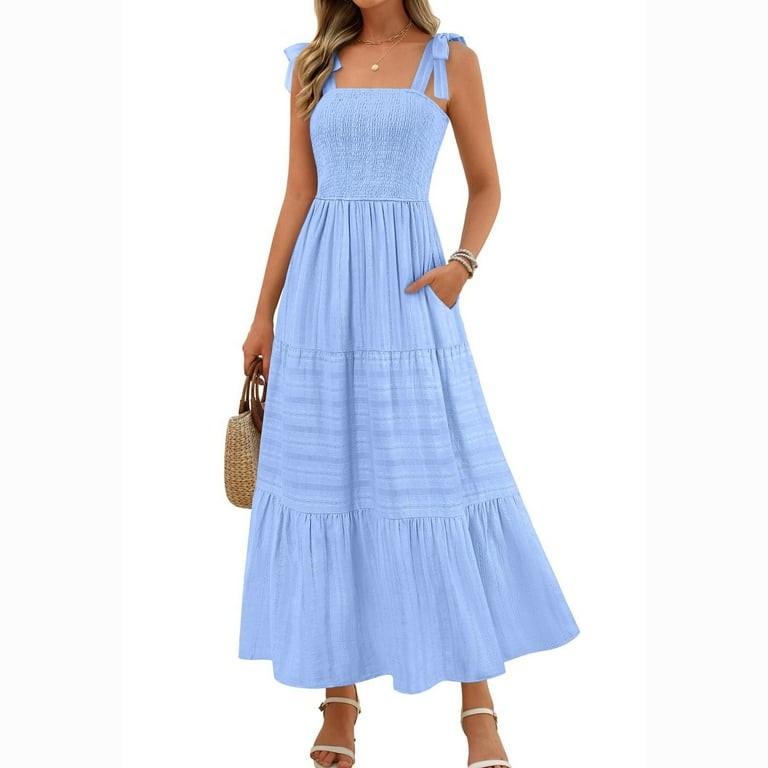 Zquuvou Women's Casual Dress Strap Sleeveless Pleated Corset Milkmaid Dress Pockets Light Blue,2XL